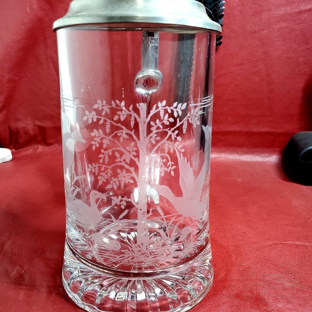 Crystal & Pewter Lidded Stein with Etched Canadian